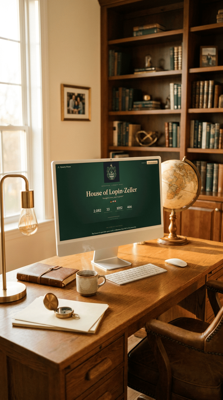 A published Dynasty House family page — House of Lopin-Zeller with crest — on an iMac in a sunlit study